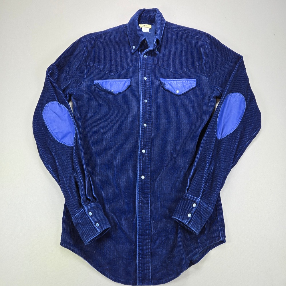 Wild West Designs Corduroy Western Shirt Leather Trim Pearl Snap Blue Mens M